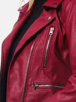 Womens Dark Red Cropped Leather Jacket Zipper