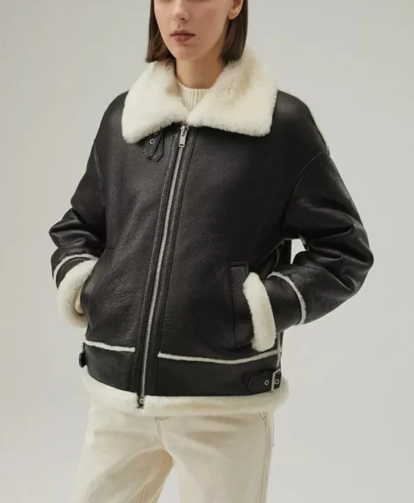 Womens Hooded Leather Jacket B3 Raf Aviator Pilot Cuffs