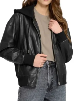 Womens Hooded Leather Jacket Closure