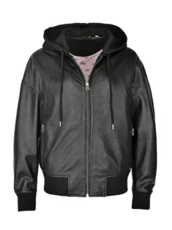 Womens Hooded Leather Jacket Front