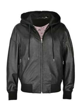 Womens Hooded Leather Jacket Front