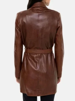 Womens Leather Belted Length Brown Trench Coat Back