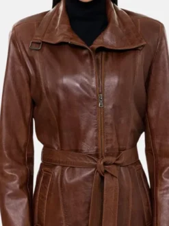 Womens Leather Belted Length Brown Trench Coat Collar