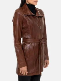 Womens Leather Belted Length Brown Trench Coat Side