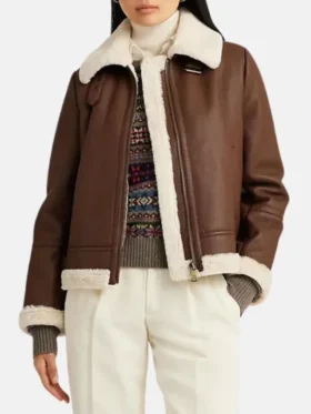 Womens Leather Brown Shearling Jacket Stand