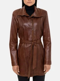 Womens Leather Brown Trench Coat Main