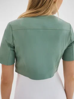 Womens Light Green Cropped Leather Jacket Back