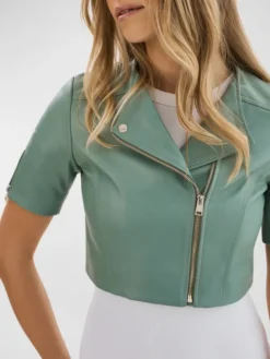 Womens Light Green Cropped Leather Jacket Collar