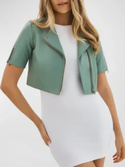 Womens Light Green Cropped Leather Jacket Main