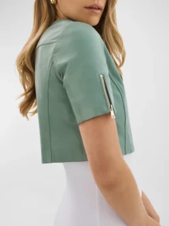 Womens Light Green Cropped Leather Jacket Side