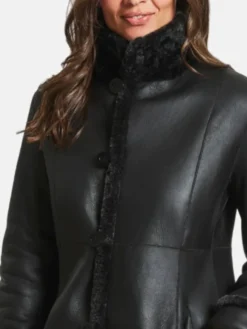 Womens Long Shearling Coat In Black Collar