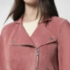 Womens Pink Suede Leather Biker Jacket Collar