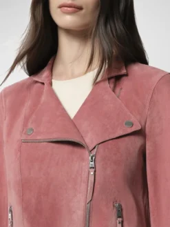 Womens Pink Suede Leather Biker Jacket Collar