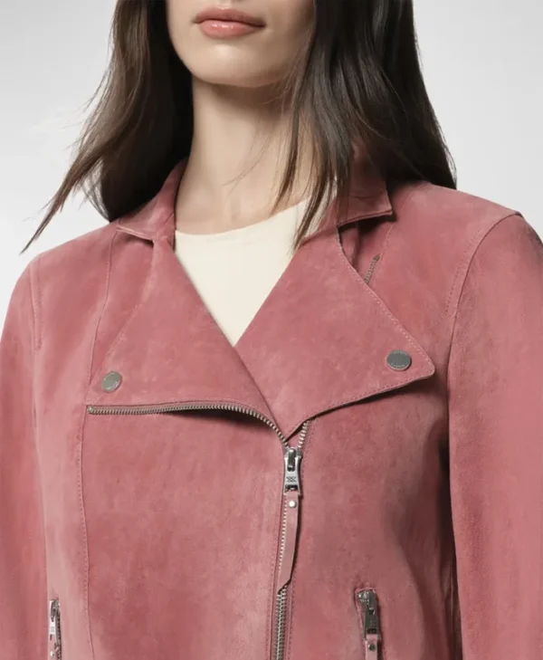 Womens Pink Suede Leather Biker Jacket Collar