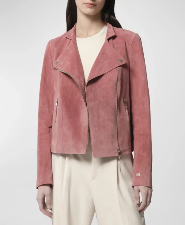 Womens Pink Suede Leather Biker Jacket Main