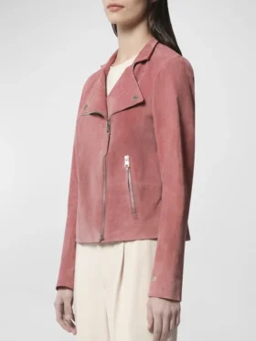 Women's Pink Suede Leather Biker Jacket Right