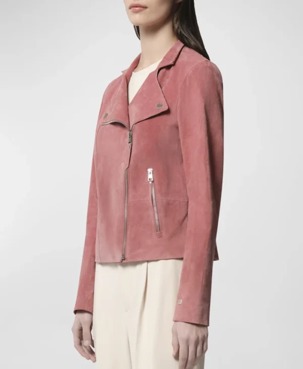 Womens Pink Suede Leather Biker Jacket Right