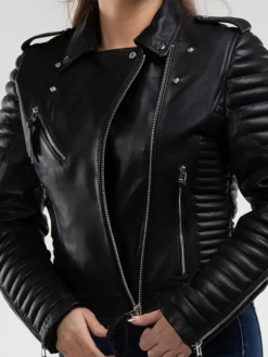 Womens Racer Quilted Leather Jacket Collar