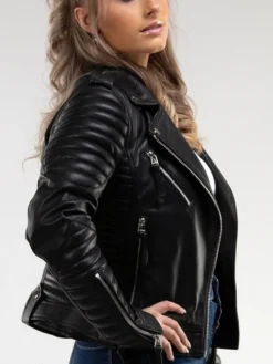 Womens Racer Quilted Leather Jacket Sleeves
