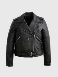 Womens Seamless Black Biker Leather Jacket Front