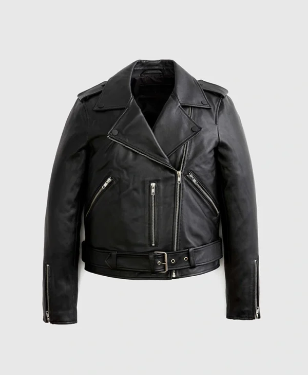 Women’s Seamless Black Biker Leather Jacket Front
