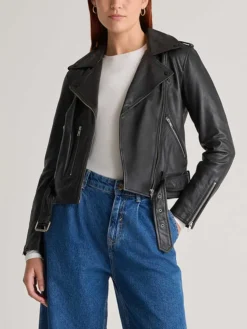 Womens Seamless Black Biker Leather Jacket Main