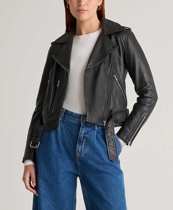Women’s Seamless Black Biker Leather Jacket Main