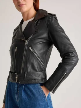 Women’s Seamless Black Biker Leather Jacket Side