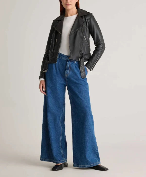 Women’s Seamless Black Biker Leather Jacket Stand Up