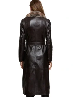 Womens Shearling Fur Collar Brown Leather Trench Coat Back