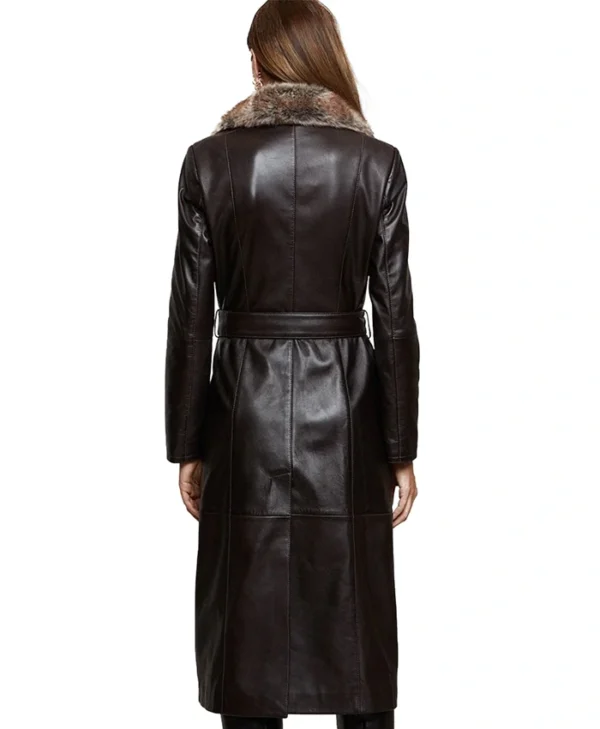 Womens Shearling Fur Collar Brown Leather Trench Coat Back