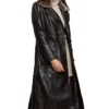 Womens Shearling Fur Collar Brown Leather Trench Coat Closure