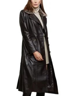 Womens Shearling Fur Collar Brown Leather Trench Coat Closure