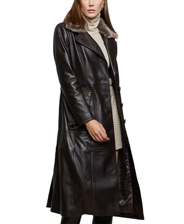 Womens Shearling Fur Collar Brown Leather Trench Coat Closure