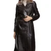 Womens Shearling Fur Collar Brown Leather Trench Coat Main