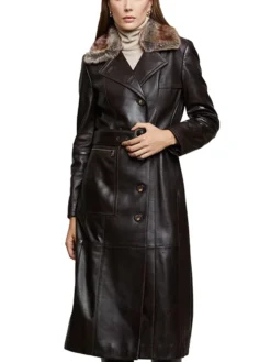 Womens Shearling Fur Collar Brown Leather Trench Coat Main