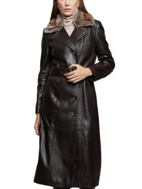 Women’s Shearling Fur Collar Brown Leather Trench Coat Main