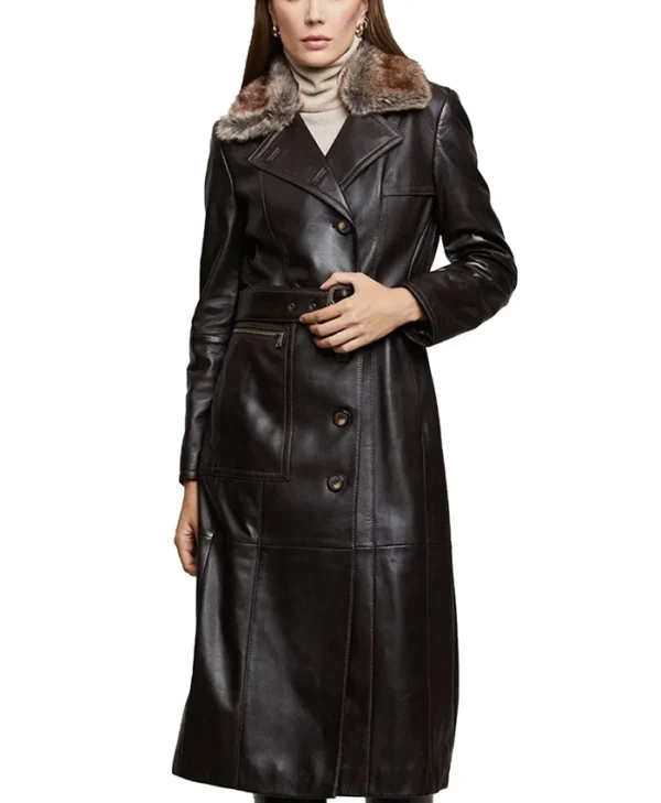 Womens Shearling Fur Collar Brown Leather Trench Coat Main
