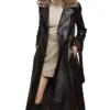 Womens Shearling Fur Collar Brown Leather Trench Coat Pocket