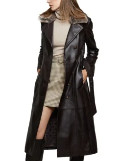 Womens Shearling Fur Collar Brown Leather Trench Coat Pocket