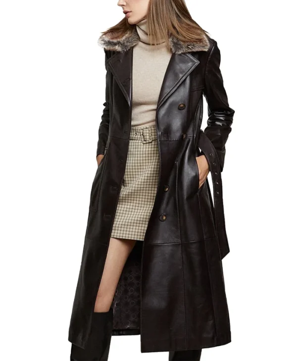 Womens Shearling Fur Collar Brown Leather Trench Coat Pocket
