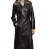 Womens Shearling Fur Collar Brown Leather Trench Coat Sleeves