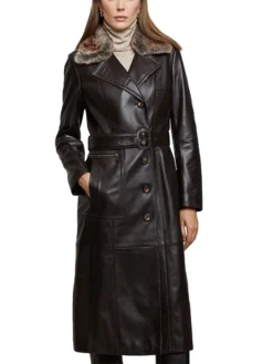 Womens Shearling Fur Collar Brown Leather Trench Coat Sleeves