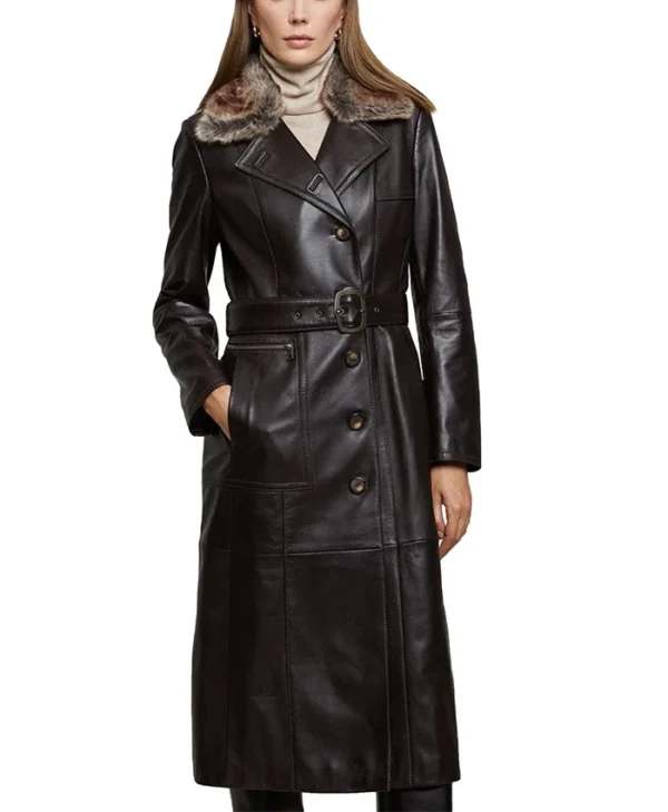 Womens Shearling Fur Collar Brown Leather Trench Coat Sleeves