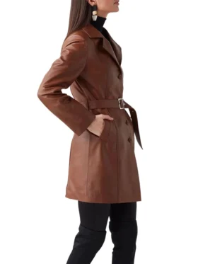Womens Short Trench Coat With Belted Brown Right
