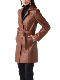 Womens Short Trench Coat With Belted Brown Side