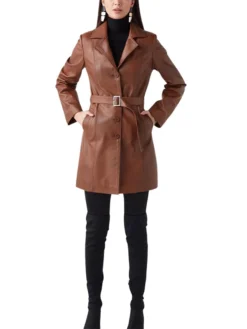 Womens Short Trench Coat With Belted Brown Stand Up