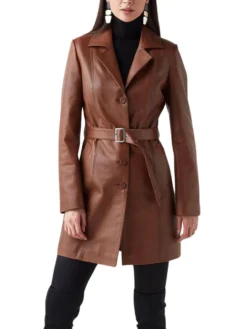 Womens Short Trench Coat With Belted Brown main