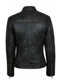 Womens Simple Black Distressed Leather Jacket Back