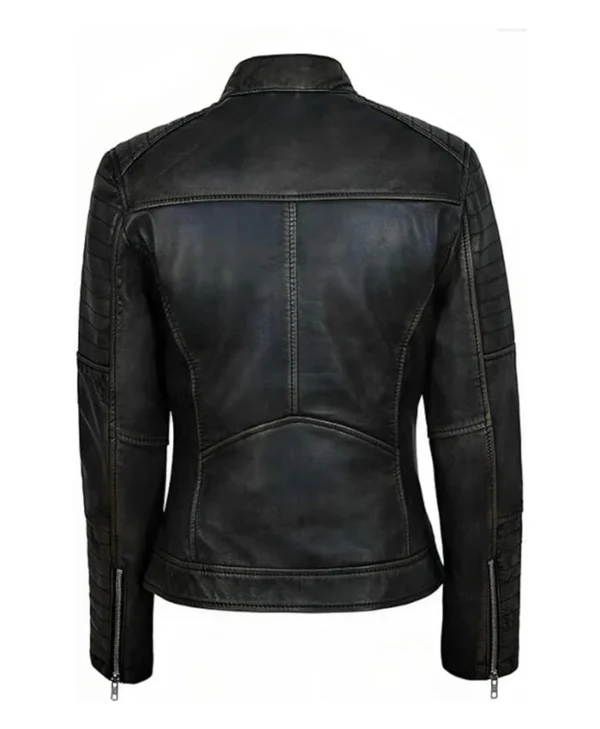 Womens Simple Black Distressed Leather Jacket Back